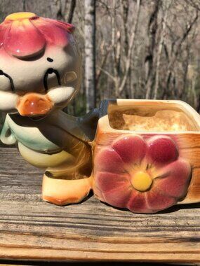 Vintage Shawnee Pottery Ceramic Duckling With Floral Motif Planter Glossy Finish
